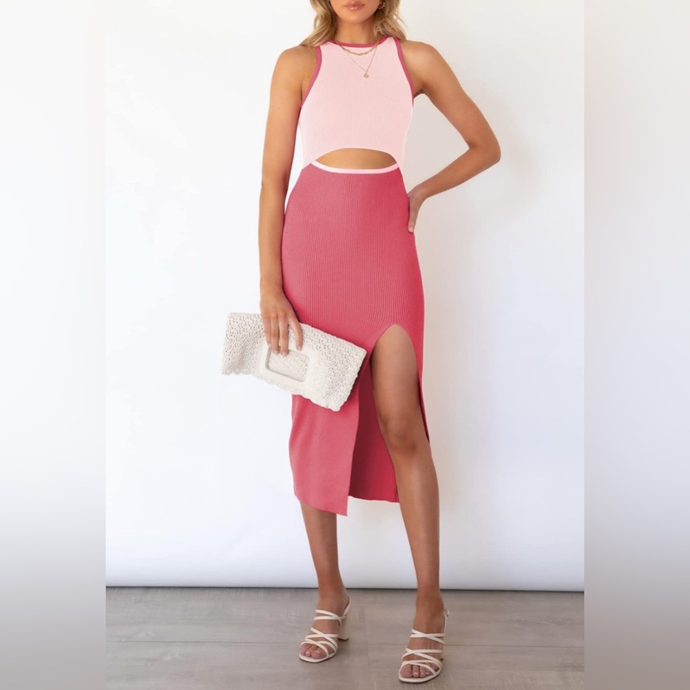 Pink Queen Women's Cutout Ribbed Crew Neck Sleeveless Slit Midi Dress